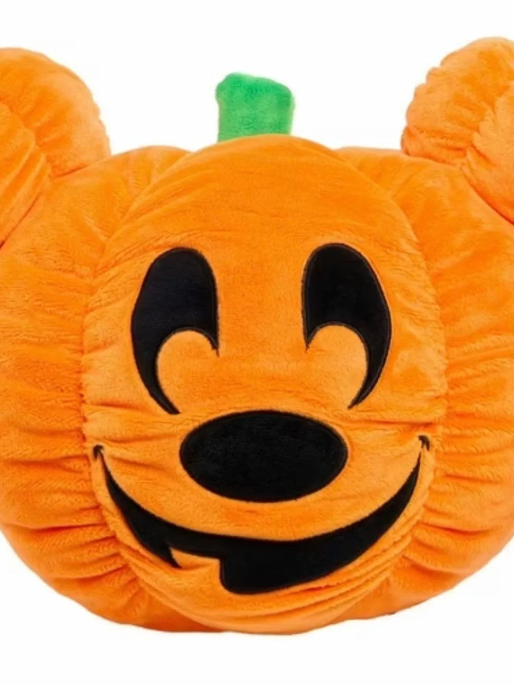 Disney Orange Pumpkin Mickey Plush with Black Facial Details and Green Stem